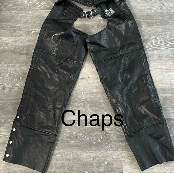 Men’s Diamond Plate Black Leather Motorcycle Chaps, Size Extra Large. - Picture 2 of 16